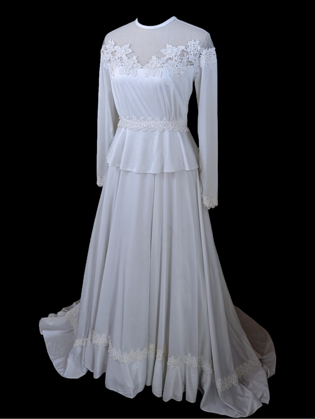 1960s Vintage Peplum Wedding Dress With Floral Lace Long Sleeves And Train